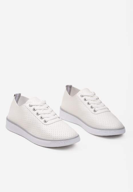 Beżowo-Szare Sznurowane Tenisówki z Ozdobną Taśmą na Tyle i Perforacją Kavinna