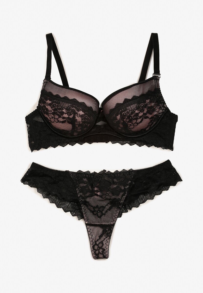 Czarno-Różowy Koronkowy Komplet Bielizny Biustonosz Usztywniony Push Up i Stringi Jasminesa