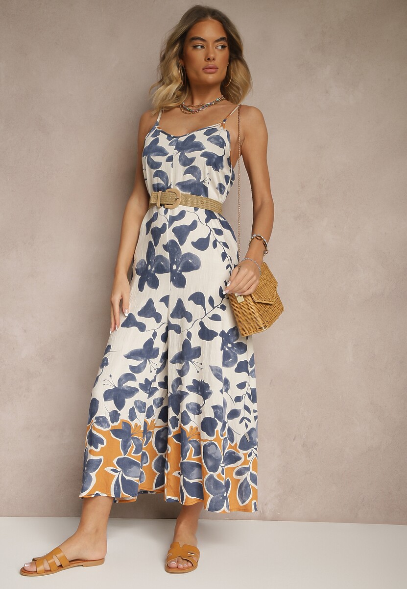 Zielono-Beżowy Kombinezon Wide Leg z Wiskozą na Ramiączkach Iffiane