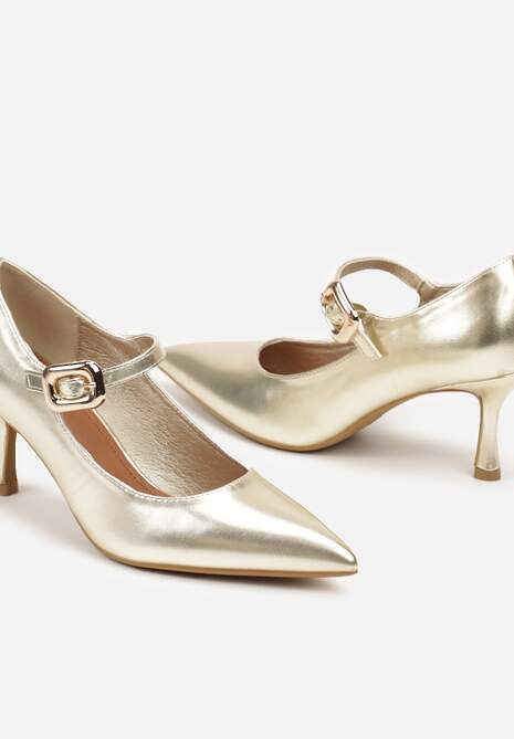 Złote Lakierowane Czółenka z Paskiem i Klamrą Nevishas