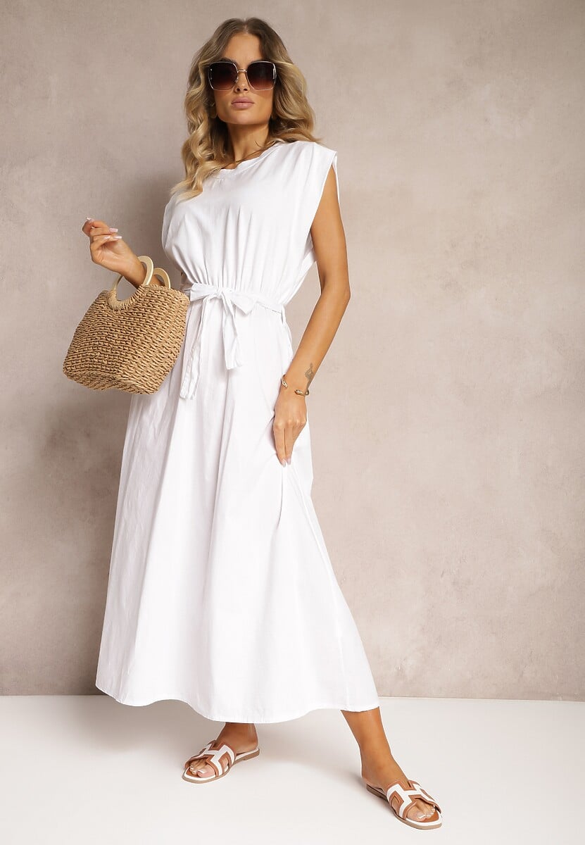 Biała Rozkloszowana Sukienka z Bawełny Przewiązana Paskiem Wlasis