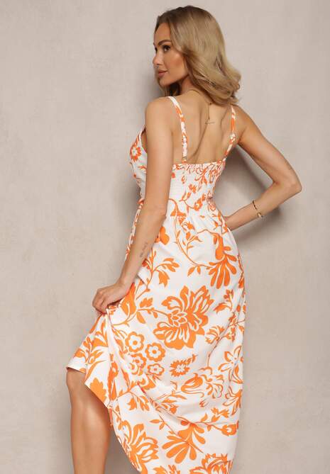 Pomarańczowa Sukienka z Gumkami na Plecach Ściągana w Talii z Regulowanymi Ramiączkami Falora