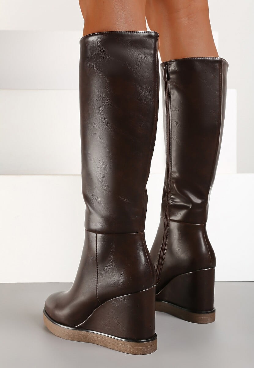 Brązowe Casualowe Kozaki na Koturnie Narisya