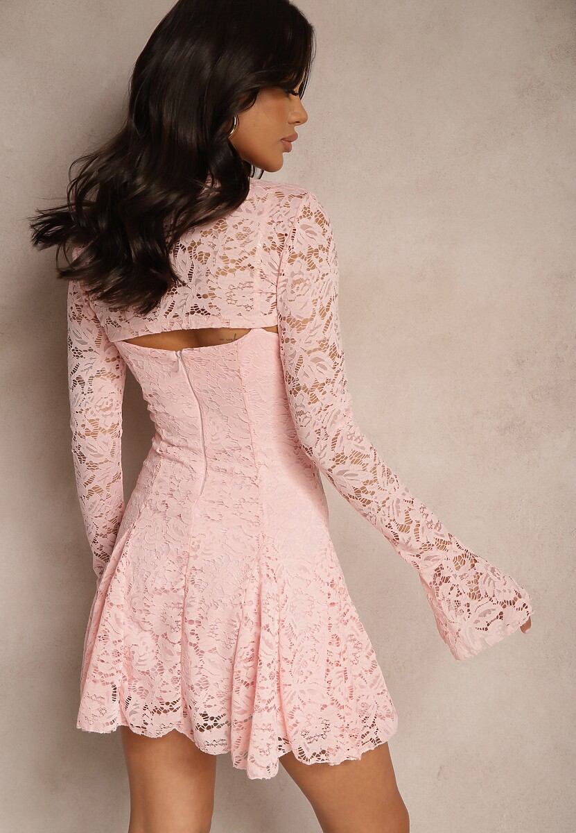 Jasnoróżowa Koktajlowa Koronkowa Sukienka o Rozkloszowanym Kroju Nelfedi