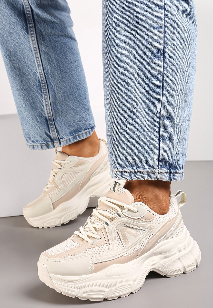 Beżowe Sneakersy z Siateczką i Wstawkami z Ekoskóry na Grubej Podeszwie Anirele