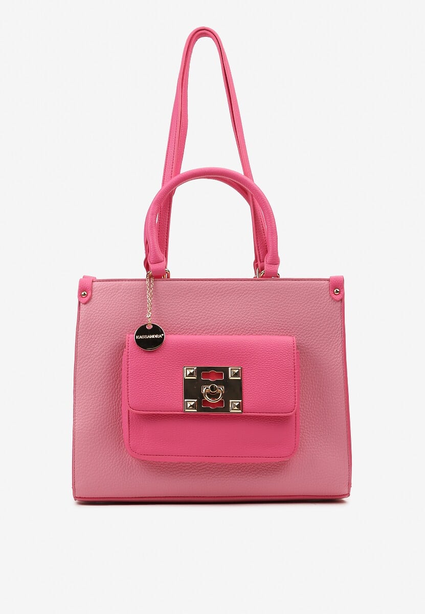 Różowa Torebka z Podwójną Rączką Naszytą Komorą i Metalowymi Detalami Htirma