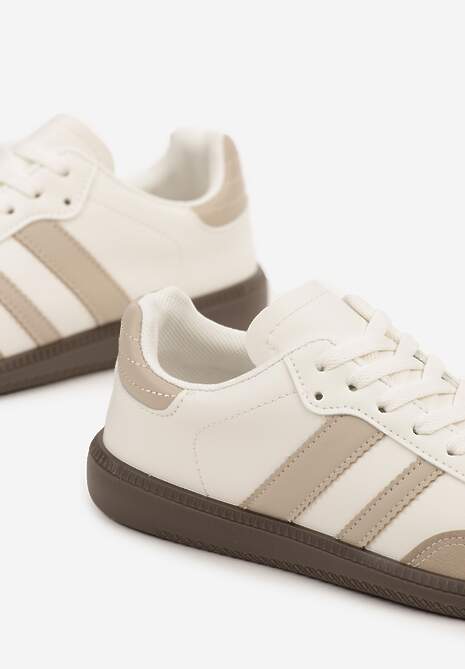 Beżowo-Białe Casualowe Sneakersy na Płaskiej Podeszwie z Paskami Jereria
