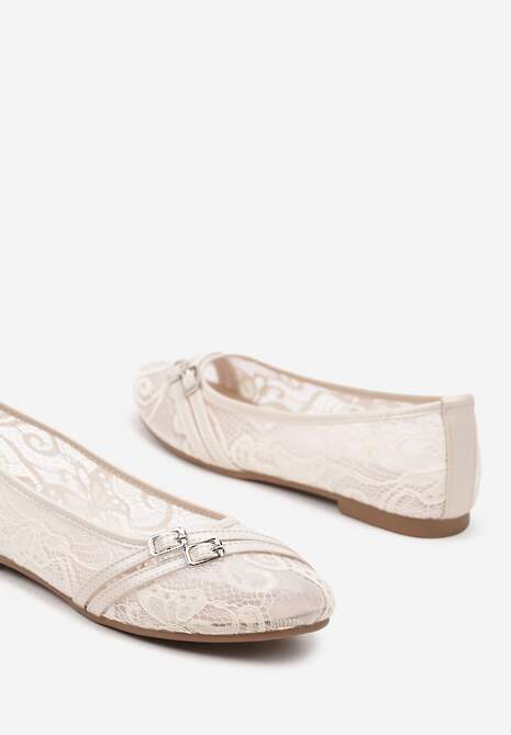 Beżowe Koronkowe Balerinki z Ozdobnymi Paskami ze Sprzączkami Ajerla