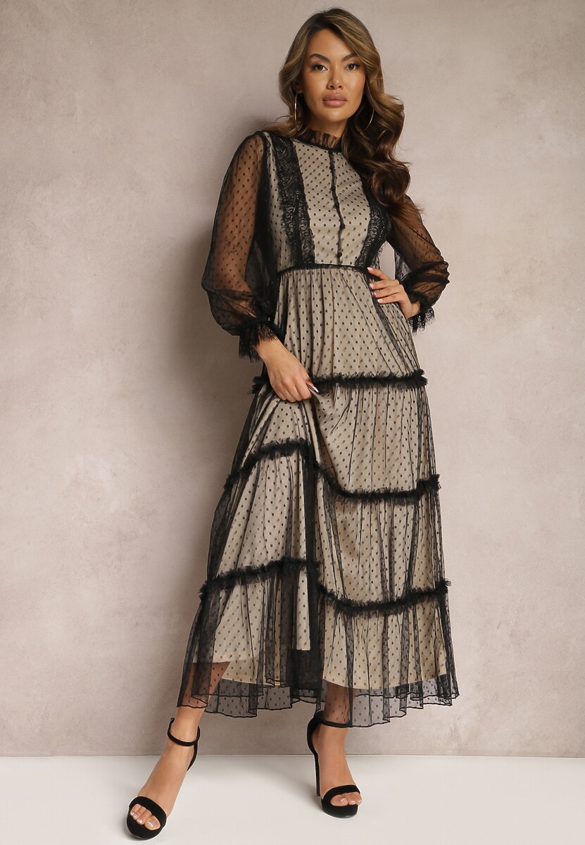 Beżowo-Czarna Tiulowa Sukienka Maxi ze Wstawkami z Koronki i Ozdobnymi Guzikami Aovena