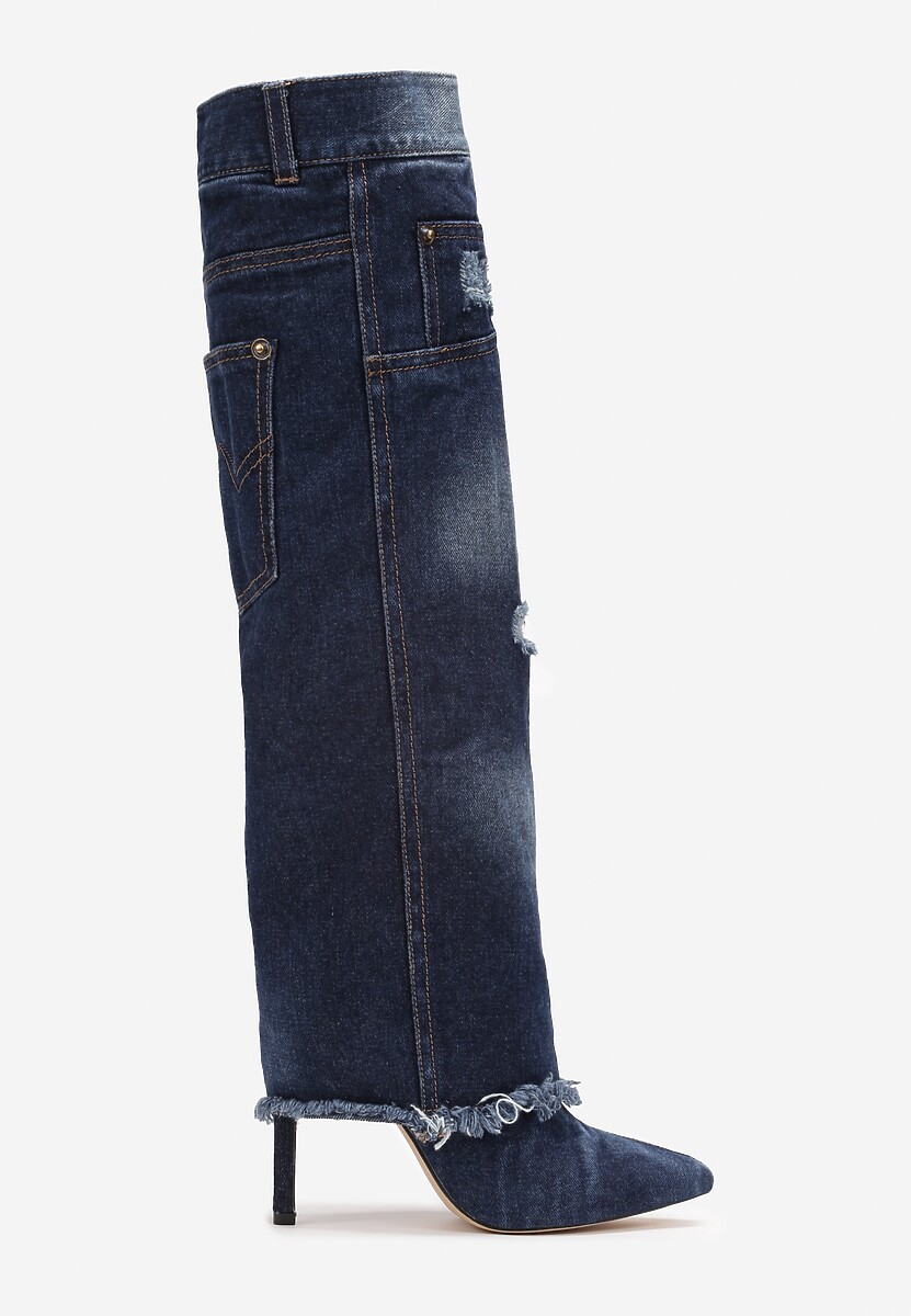 Niebieskie Kozaki Na Szpilce z Jeansu Ozdobione Przetarciami i Dziurami Cikase