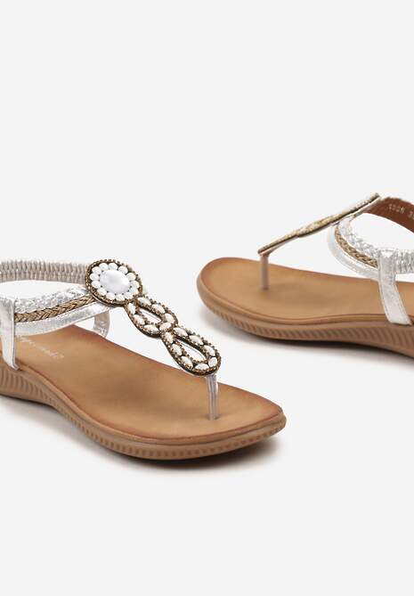 Srebrne Sandały z Wkładką z Imitacji Skóry na Płaskiej Podeszwie z Ozdobnymi Cyrkoniami Wira