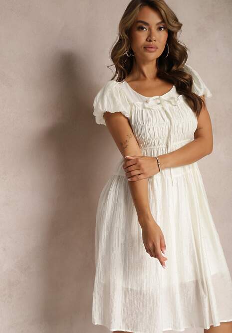 Jasnobeżowa Sukienka z Bufiastymi Rękawami i Gumką w Pasie o Rozkloszowanym Kroju Vikkitha