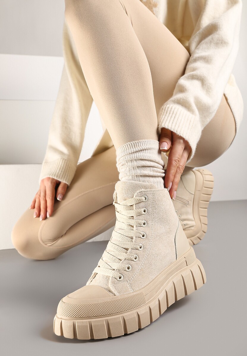 Beżowe Botki za Kostkę na Platformie Viuana