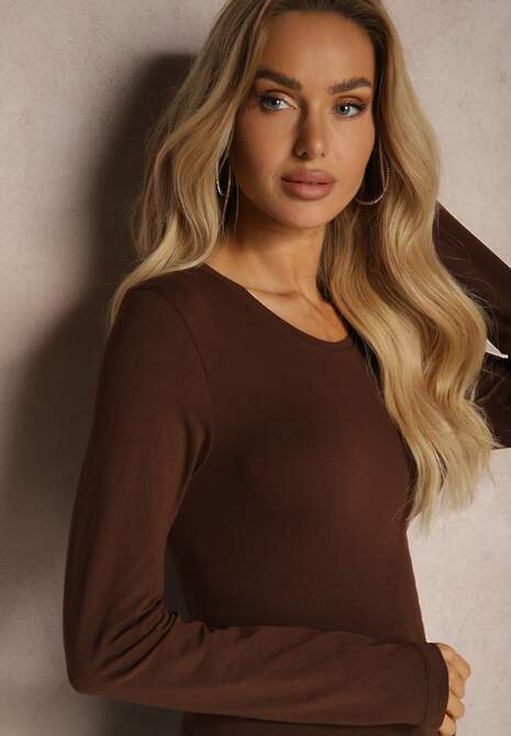 Brązowa Bawełniana Bluzka Typu Longsleeve z Okrągłym Dekoltem Tiathaliea