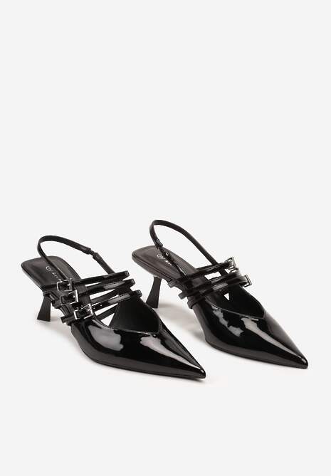 Czarne Lakierowane Sandały Kaczuszki Wykończone Paskami ze Sprzączkami Brinivia