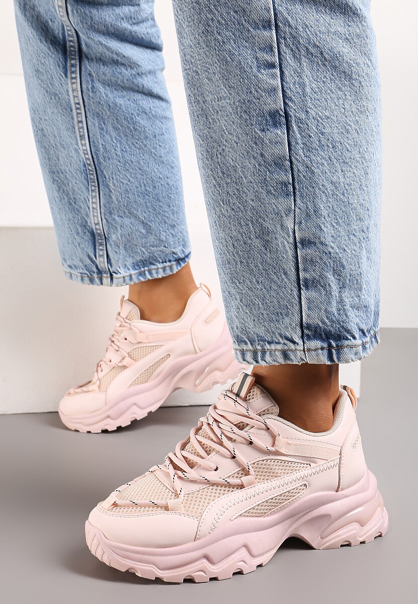 Różowe Sneakersy na Masywnej Podeszwie z Siateczkowym Wstawkami i Ozdobnymi Sznurówkami Ollavia