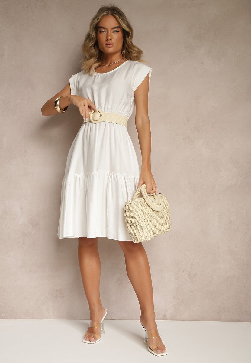 Biała Rozkloszowana Sukienka z Wiskozy Linurea