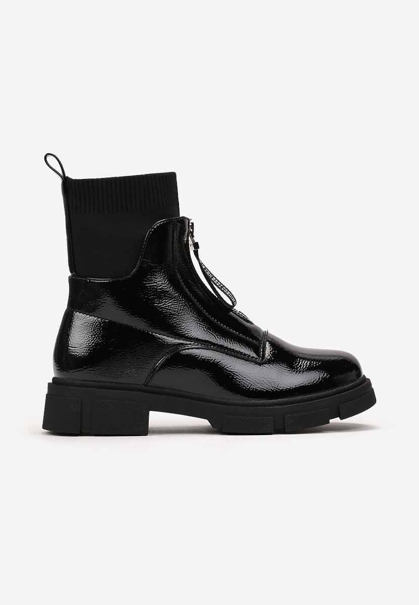 Czarne Lakierowane Botki z Dzianinowym Ściągaczem i Suwakiem z Przodu Ilonea