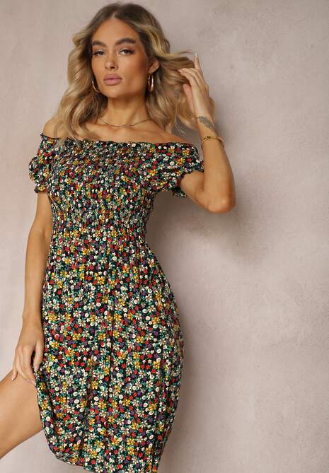 Czarno-Zielona Hiszpanka Sukienka z Wiskozy w Kwiatowy Wzór z Gumką w Pasie Silemia