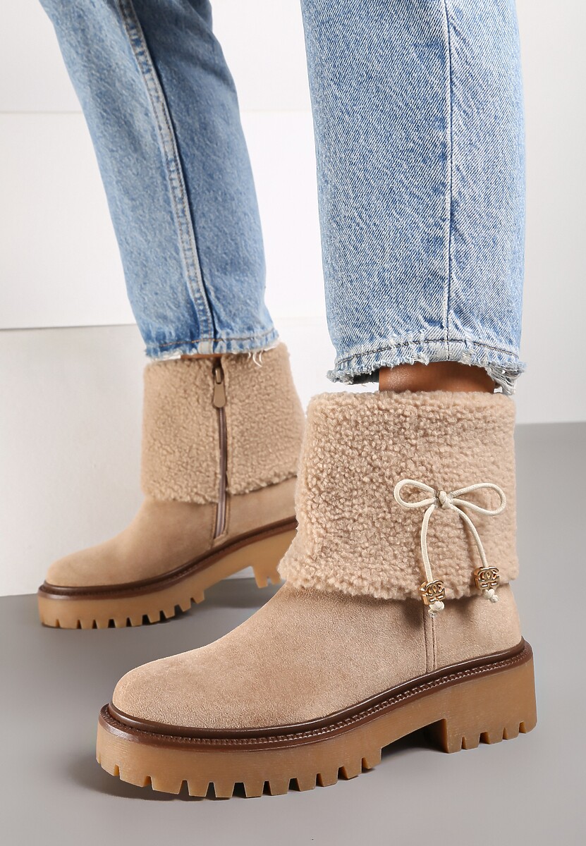 Ciemnobeżowe Botki na Platformie Ozdobione Kokardą i Wywiniętą Cholewką Attelyn