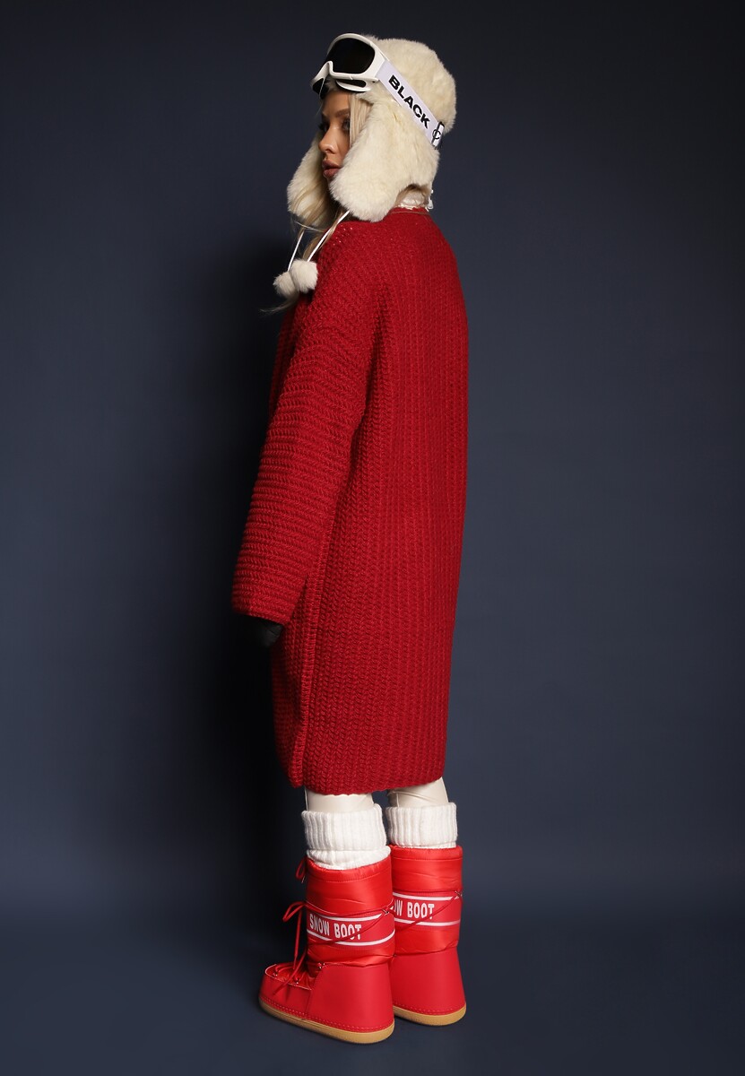 Bordowy Kardigan Bez Zapięć Zdobiony Luźnym Splotem i Wsuwanymi Kieszeniami Calineth