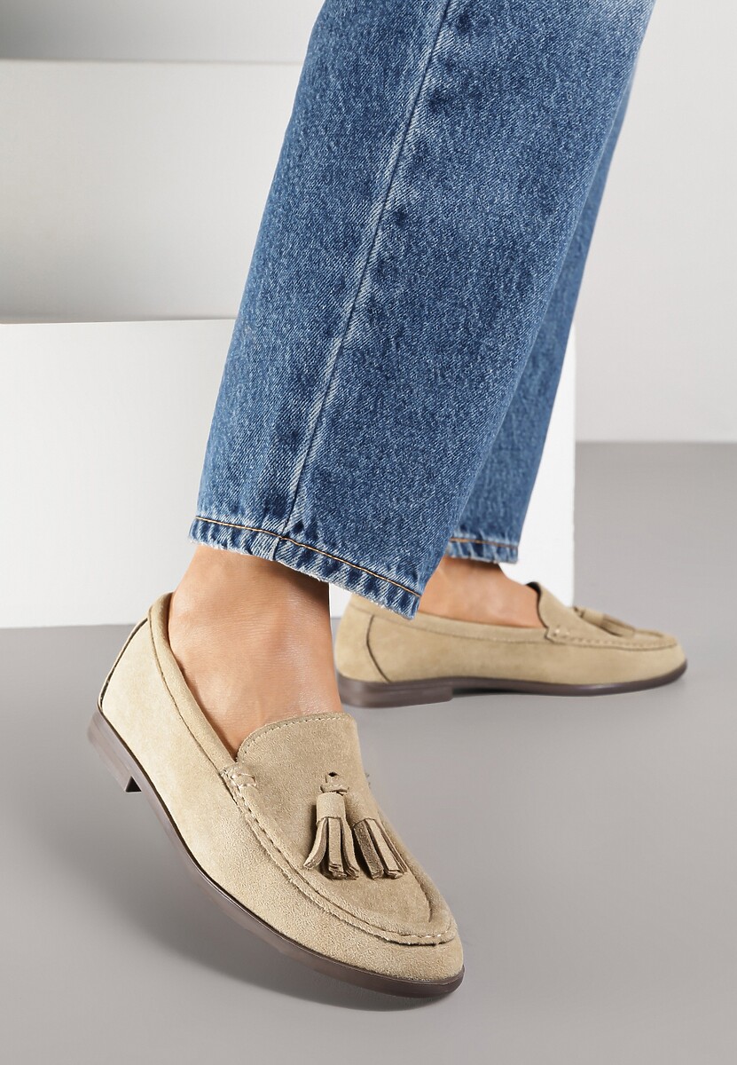 Ciemnobeżowe Mokasyny z Imitacji Zamszu z Aplikacją z Frędzlami Nalonissa