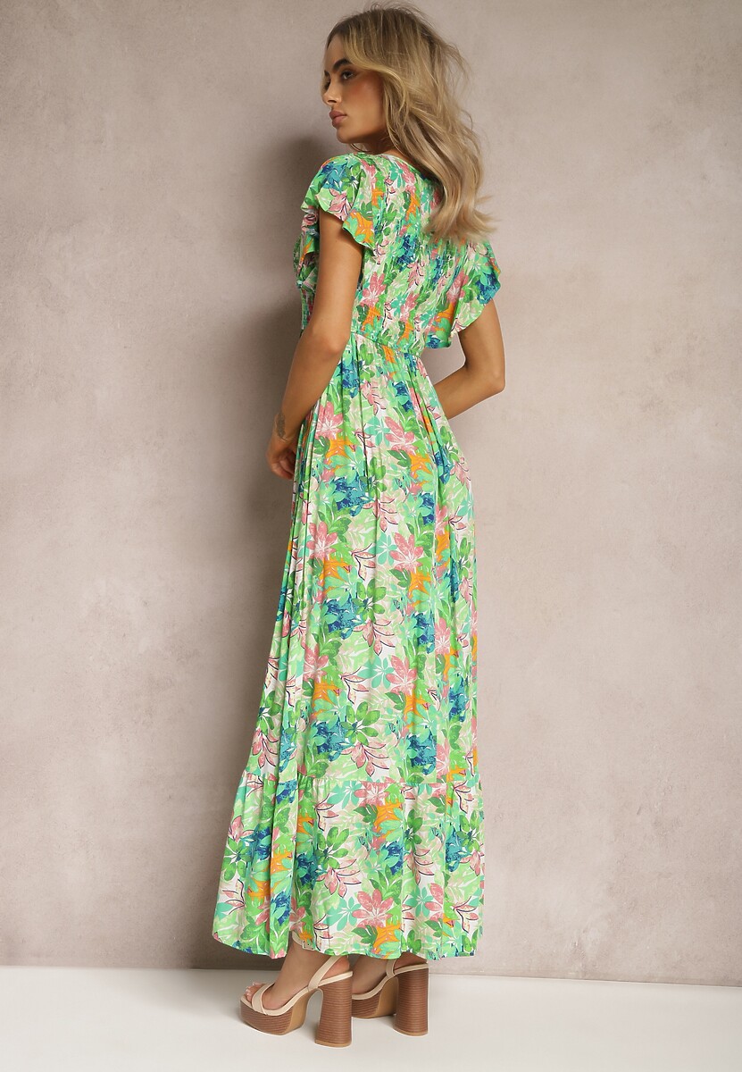 Zielona Długa Sukienka w Kwiaty z Gumką w Pasie Liumbia