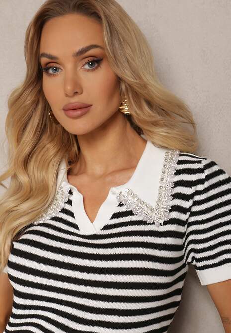 Biało-Czarna Wiskozowa Bluzka w Paski ze Zdobieniami na Kołnierzyku Veniala