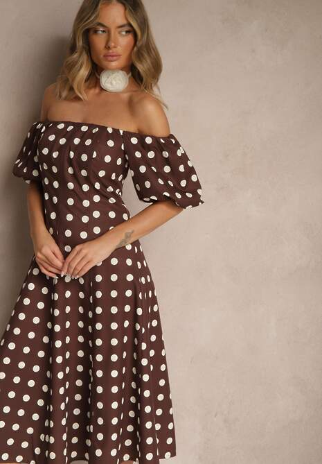 Brązowa Sukienka Hiszpanka Vices w Kropki o Rozkloszowanym Kroju Zilua