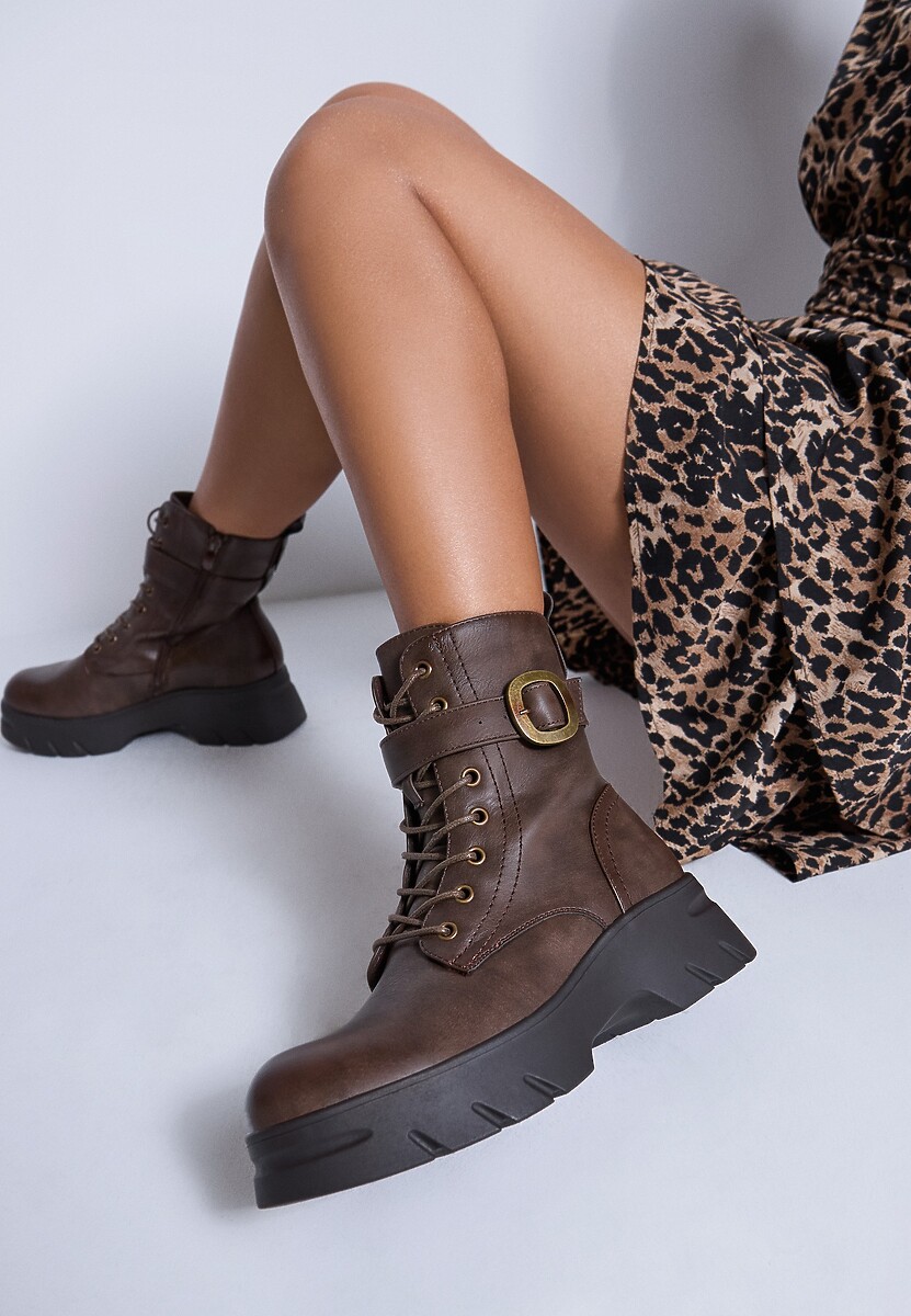 Ciemnobeżowe Botki w Stylu Workerów na Grubej Podeszwie Berimona