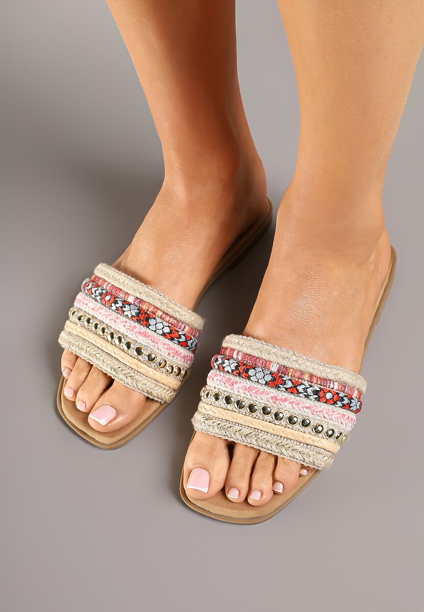 Czerwono-Beżowe Klapki z Nitami Plecione w Stylu Boho Lanvisa