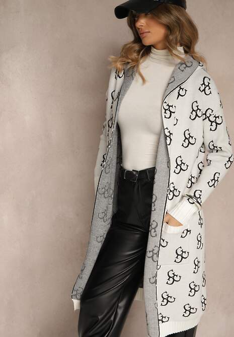 Jasnoszary Kardigan Ozdobiony Geometrycznym Wzorem Ralittia