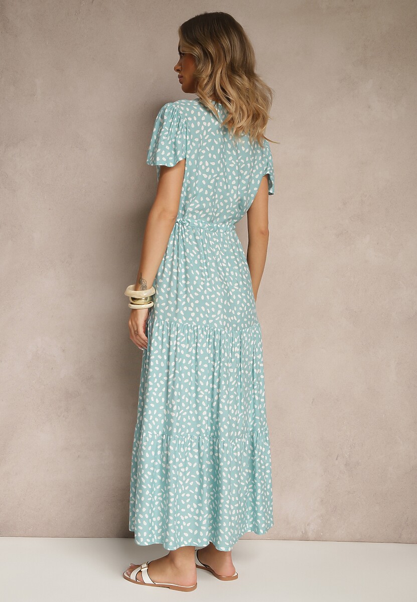 Jasnoniebieska Rozkloszowana Sukienka z Bawełną i Geometrycznym Motywem Mevelaia