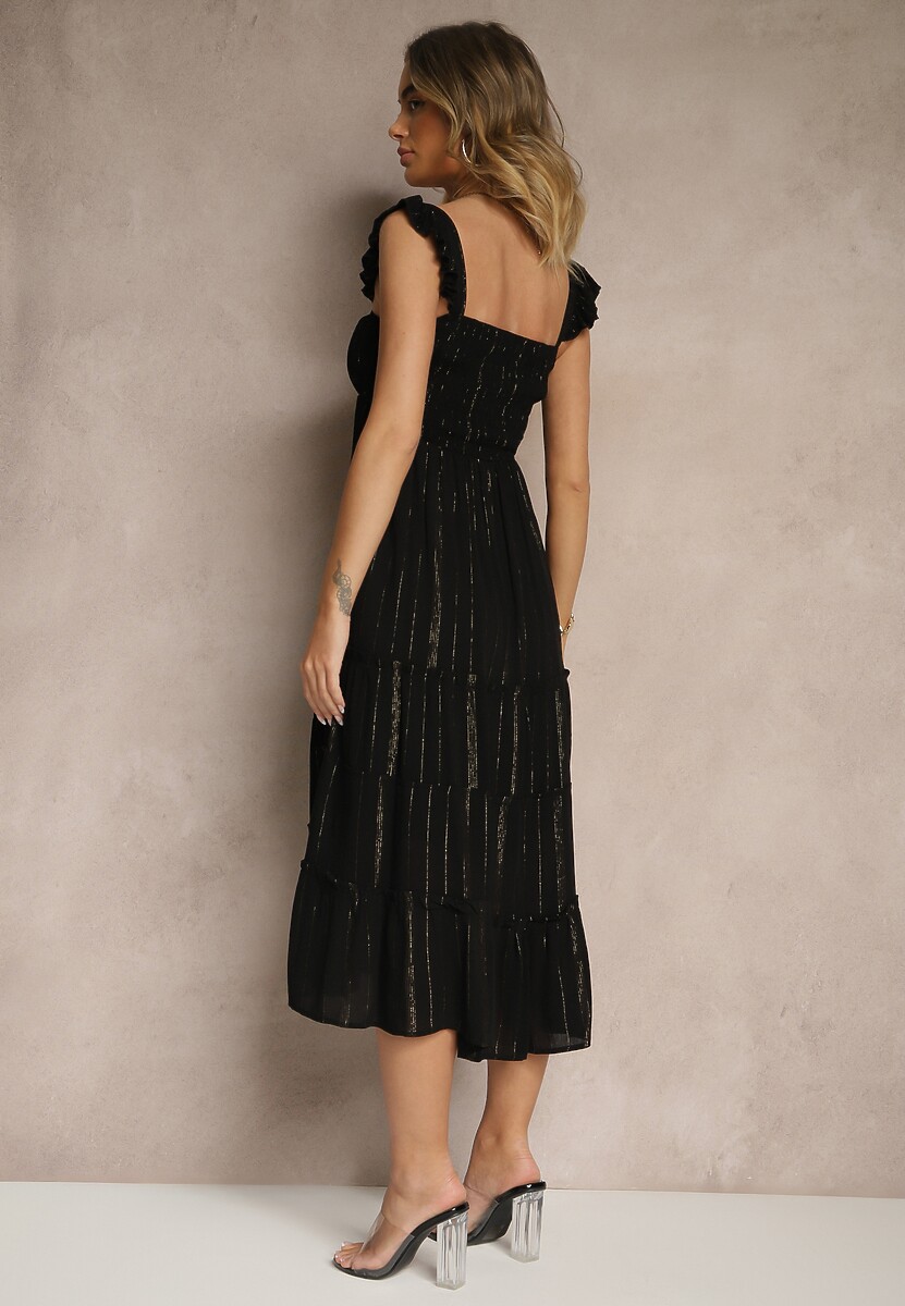 Czarna Rozkloszowana Sukienka z Wiskozy z Metalicznymi Przeszyciami Iffaria