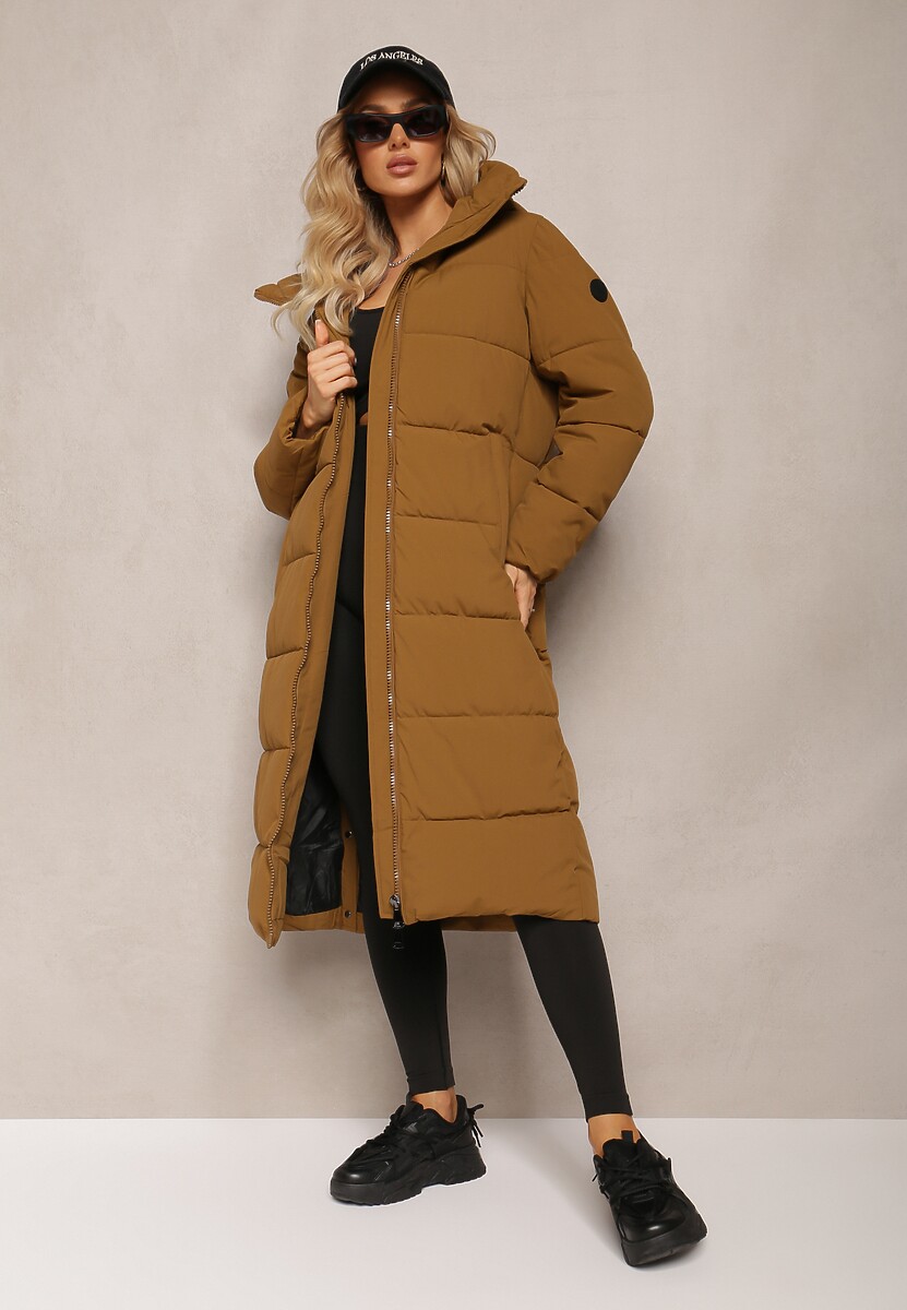 Czarna Długa Kurtka Pikowana Płaszcz Mocno Ocieplona z Nieodpinanym Kapturem Naliope