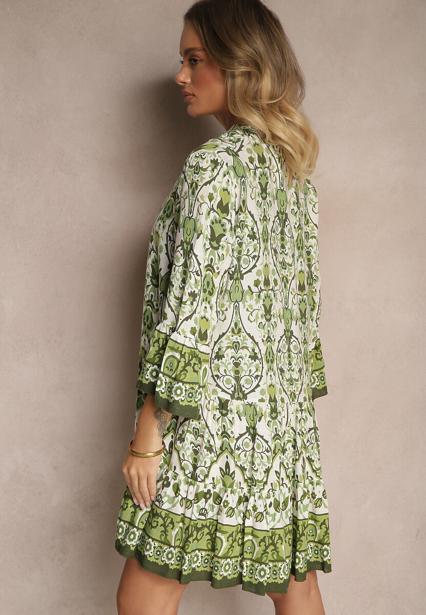 Zielona Sukienka z Wiskozą o Rozkloszowanym Kroju w Etniczny Print Aledia