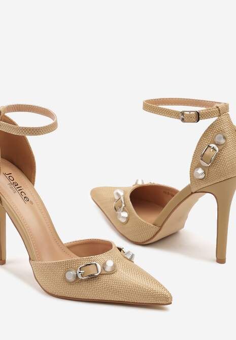Beżowe Szpilki Ozdobione Metalicznymi Klamrami i Plecioną Cholewką Elliwen