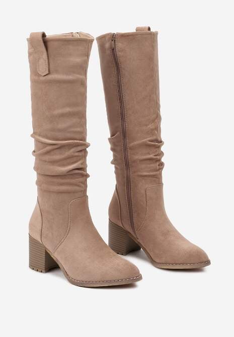 Beżowe Kozaki na Obcasie z Imitacji Zamszu Ozdobione Patkami Tulila