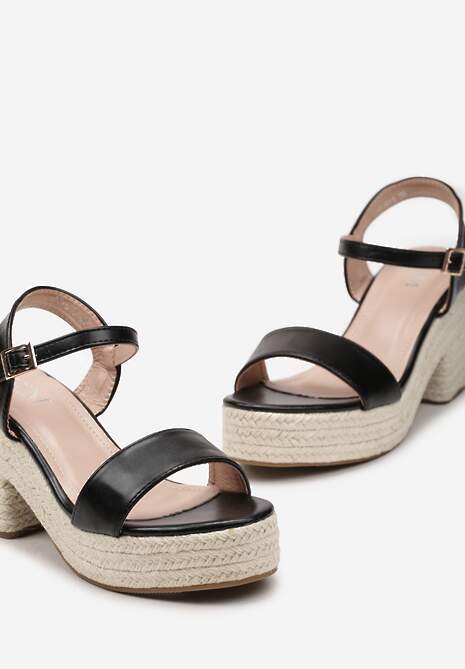 Czarne Sandały na Słupku i Platformie z Plecionką z Juty Sigarata