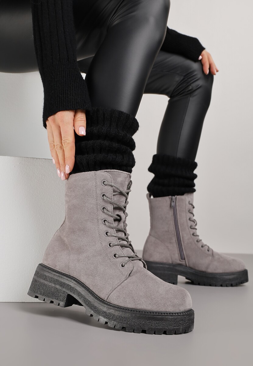 Szare Sznurowane Botki na Grubej Podeszwie Vagala