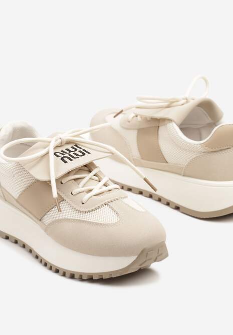 Beżowe Sneakersy na Platformie z Geometrycznym Wzorem Aluina