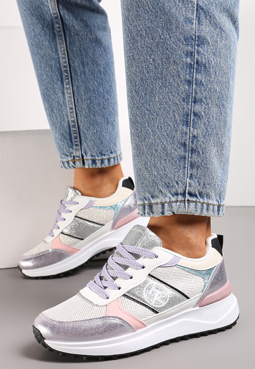 Biało-Srebrne Sznurowane Sneakersy z Brokatem i Siateczką na Grubej Podeszwie Leviria
