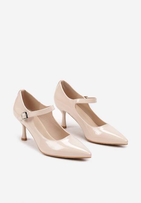 Beżowe Czółenka Lakierowane na Szpilce z Ozdobnym Paskiem na Sprzączkę Erisla