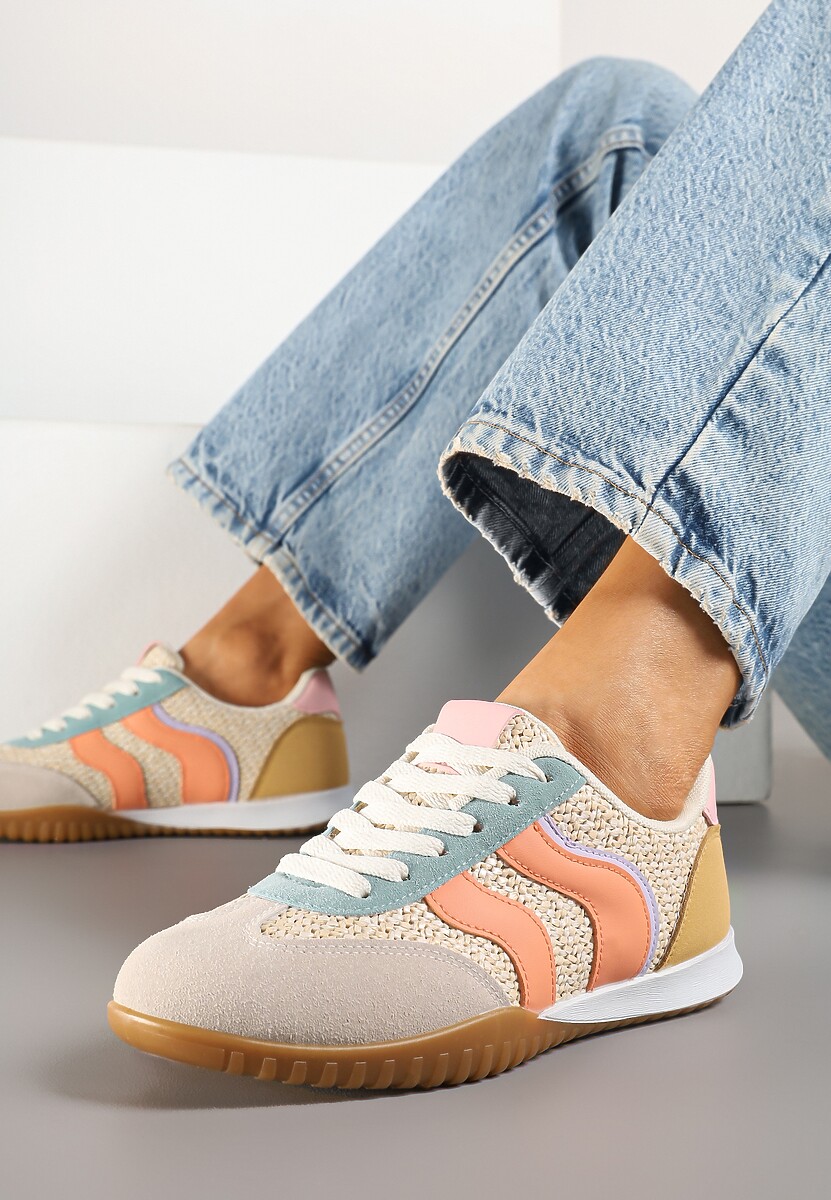 Beżowo-Pomarańczowe Sneakersy z Geometrycznym Motywem i Plecionką Laniffia
