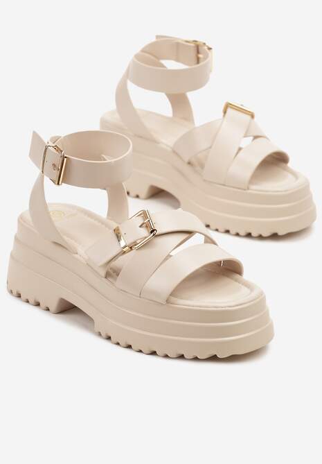 Beżowe Sandały na Platformie z Ozdobnymi Klamrami Galfia