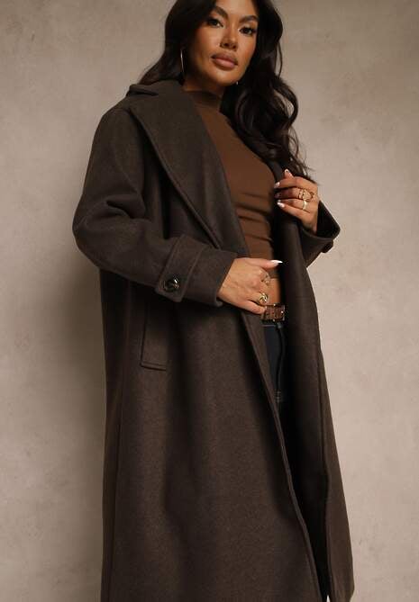 Brązowy Elegancki Płaszcz z Wełny i Wiskozy o Dwurzędowym Kroju Oversize Tilisana