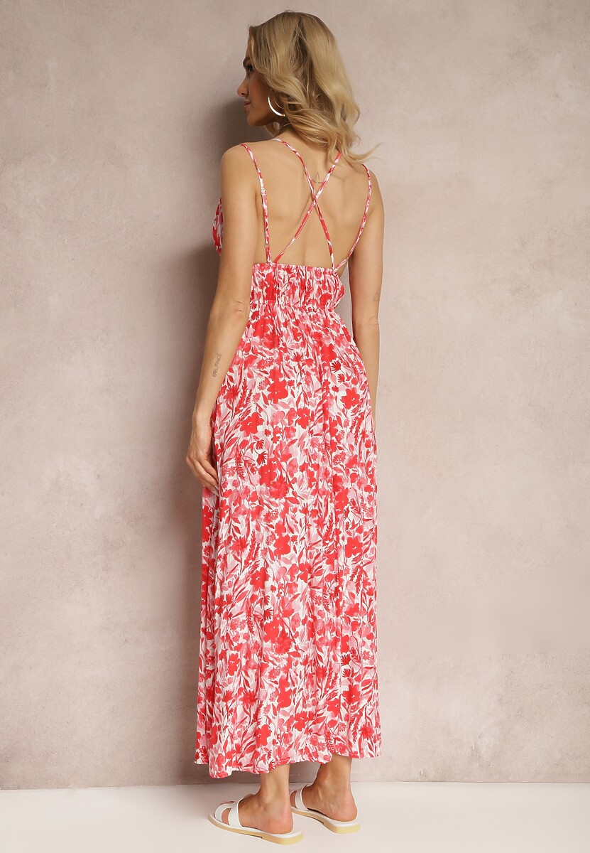 Czerwona Wiskozowa Sukienka na Lato z Podwójnymi Ramiączkami w Kwiatki z Gumką w Talii Triaire