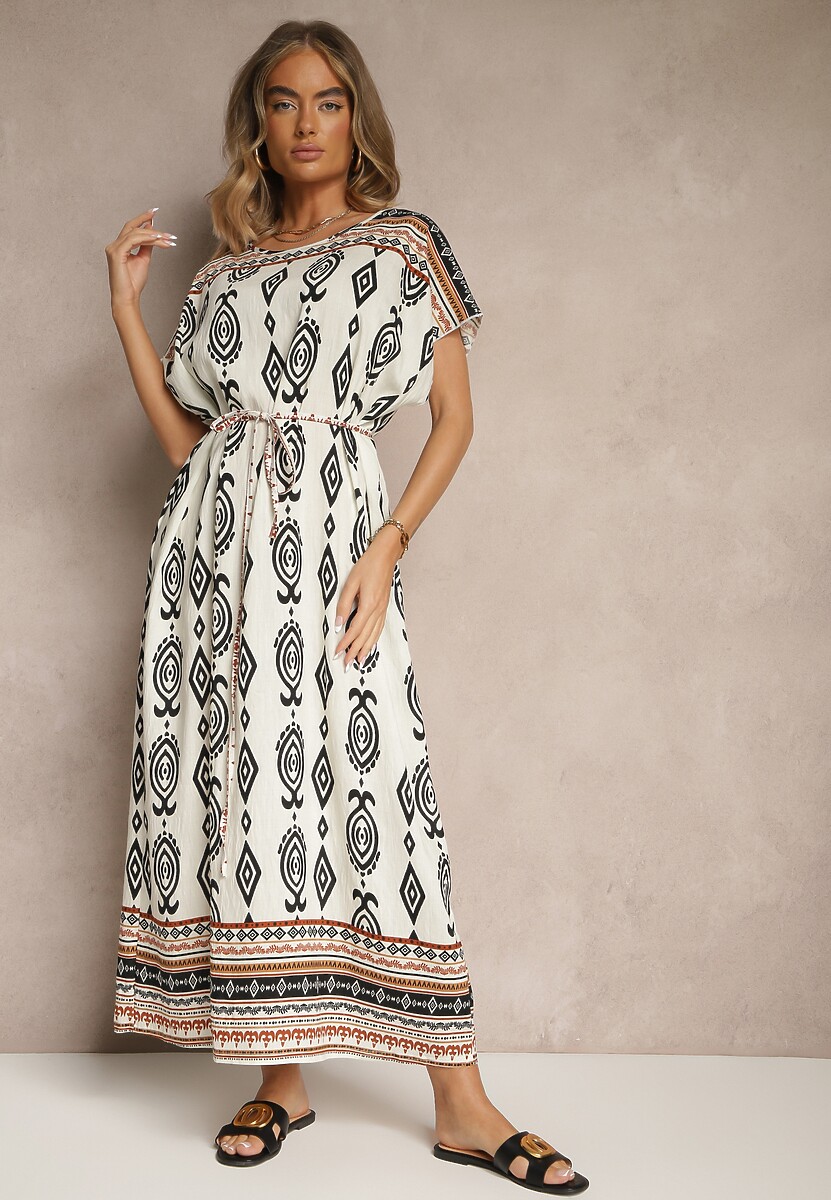 Czarna Wiskozowa Sukienka o Pudełkowym Kroju w Etniczny Print Miriliana