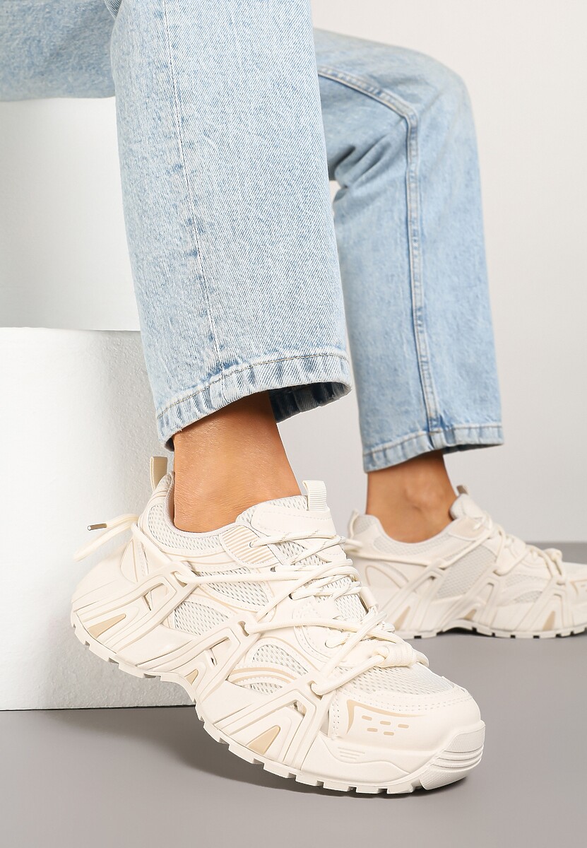 Beżowe Sneakersy na Platformie z Designerskim Sznurowaniem Julieve