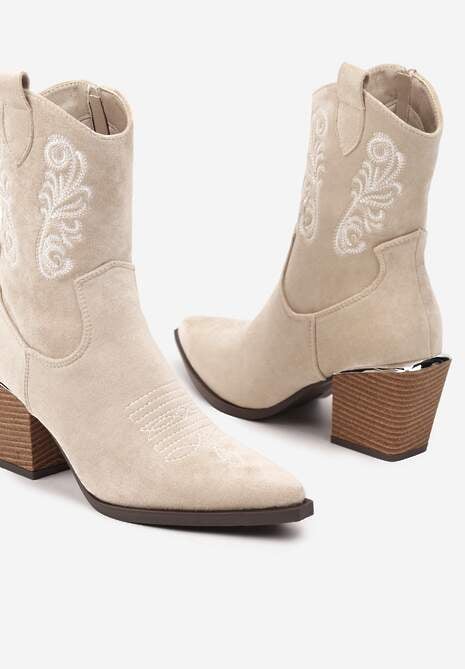 Ciemnobeżowe Botki w Stylu Kowbojek Vices na Stożku Ozdobione Haftem Xalfedi